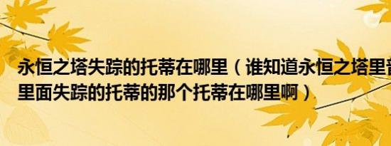 永恒之塔失踪的托蒂在哪里（谁知道永恒之塔里普埃塔任务里面失踪的托蒂的那个托蒂在哪里啊）