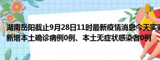 湖南岳阳截止9月28日11时最新疫情消息今天实时数据通报:新增本土确诊病例0例、本土无症状感染者0例