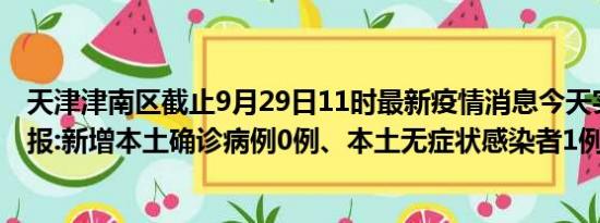 天津津南区截止9月29日11时最新疫情消息今天实时数据通报:新增本土确诊病例0例、本土无症状感染者1例