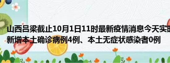 山西吕梁截止10月1日11时最新疫情消息今天实时数据通报:新增本土确诊病例4例、本土无症状感染者0例