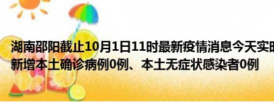 湖南邵阳截止10月1日11时最新疫情消息今天实时数据通报:新增本土确诊病例0例、本土无症状感染者0例