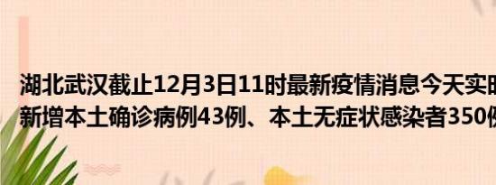 湖北武汉截止12月3日11时最新疫情消息今天实时数据通报:新增本土确诊病例43例、本土无症状感染者350例