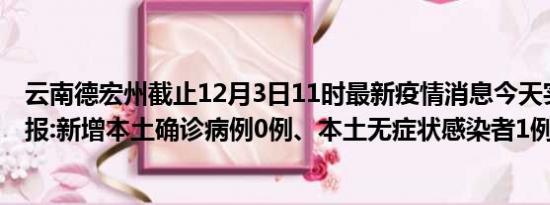 云南德宏州截止12月3日11时最新疫情消息今天实时数据通报:新增本土确诊病例0例、本土无症状感染者1例