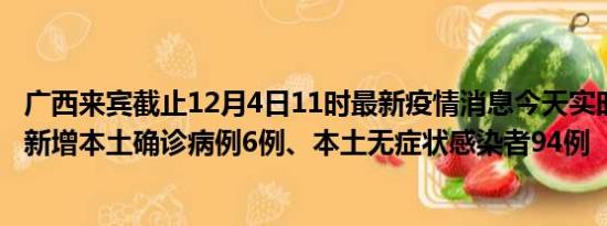 广西来宾截止12月4日11时最新疫情消息今天实时数据通报:新增本土确诊病例6例、本土无症状感染者94例