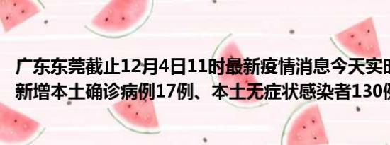 广东东莞截止12月4日11时最新疫情消息今天实时数据通报:新增本土确诊病例17例、本土无症状感染者130例