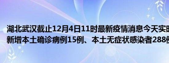 湖北武汉截止12月4日11时最新疫情消息今天实时数据通报:新增本土确诊病例15例、本土无症状感染者288例