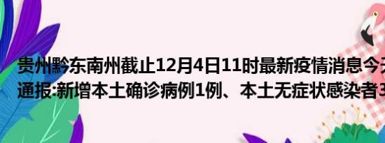 贵州黔东南州截止12月4日11时最新疫情消息今天实时数据通报:新增本土确诊病例1例、本土无症状感染者3例