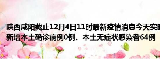 陕西咸阳截止12月4日11时最新疫情消息今天实时数据通报:新增本土确诊病例0例、本土无症状感染者64例