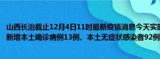 山西长治截止12月4日11时最新疫情消息今天实时数据通报:新增本土确诊病例13例、本土无症状感染者92例