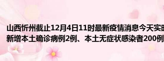 山西忻州截止12月4日11时最新疫情消息今天实时数据通报:新增本土确诊病例2例、本土无症状感染者200例