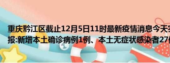 重庆黔江区截止12月5日11时最新疫情消息今天实时数据通报:新增本土确诊病例1例、本土无症状感染者27例