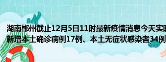 湖南郴州截止12月5日11时最新疫情消息今天实时数据通报:新增本土确诊病例17例、本土无症状感染者34例