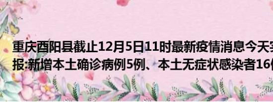 重庆酉阳县截止12月5日11时最新疫情消息今天实时数据通报:新增本土确诊病例5例、本土无症状感染者16例