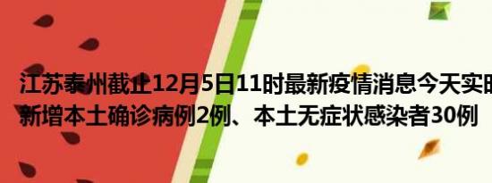 江苏泰州截止12月5日11时最新疫情消息今天实时数据通报:新增本土确诊病例2例、本土无症状感染者30例