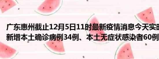 广东惠州截止12月5日11时最新疫情消息今天实时数据通报:新增本土确诊病例34例、本土无症状感染者60例