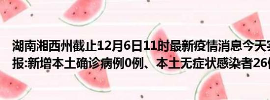 湖南湘西州截止12月6日11时最新疫情消息今天实时数据通报:新增本土确诊病例0例、本土无症状感染者26例