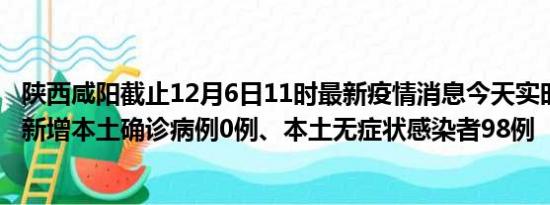 陕西咸阳截止12月6日11时最新疫情消息今天实时数据通报:新增本土确诊病例0例、本土无症状感染者98例