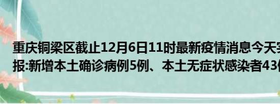 重庆铜梁区截止12月6日11时最新疫情消息今天实时数据通报:新增本土确诊病例5例、本土无症状感染者43例