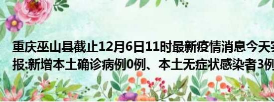 重庆巫山县截止12月6日11时最新疫情消息今天实时数据通报:新增本土确诊病例0例、本土无症状感染者3例