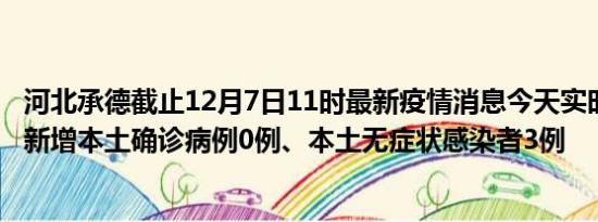 河北承德截止12月7日11时最新疫情消息今天实时数据通报:新增本土确诊病例0例、本土无症状感染者3例