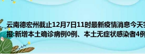 云南德宏州截止12月7日11时最新疫情消息今天实时数据通报:新增本土确诊病例0例、本土无症状感染者4例