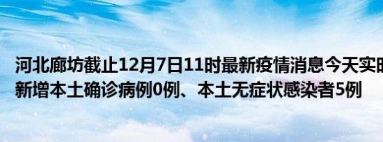 河北廊坊截止12月7日11时最新疫情消息今天实时数据通报:新增本土确诊病例0例、本土无症状感染者5例