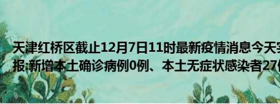 天津红桥区截止12月7日11时最新疫情消息今天实时数据通报:新增本土确诊病例0例、本土无症状感染者27例