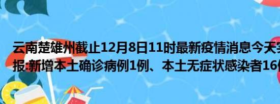 云南楚雄州截止12月8日11时最新疫情消息今天实时数据通报:新增本土确诊病例1例、本土无症状感染者16例