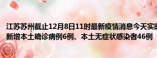 江苏苏州截止12月8日11时最新疫情消息今天实时数据通报:新增本土确诊病例6例、本土无症状感染者46例