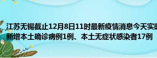 江苏无锡截止12月8日11时最新疫情消息今天实时数据通报:新增本土确诊病例1例、本土无症状感染者17例