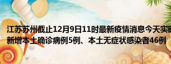 江苏苏州截止12月9日11时最新疫情消息今天实时数据通报:新增本土确诊病例5例、本土无症状感染者46例