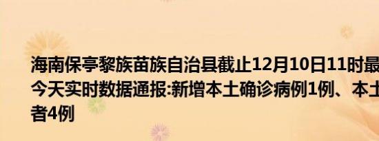 海南保亭黎族苗族自治县截止12月10日11时最新疫情消息今天实时数据通报:新增本土确诊病例1例、本土无症状感染者4例