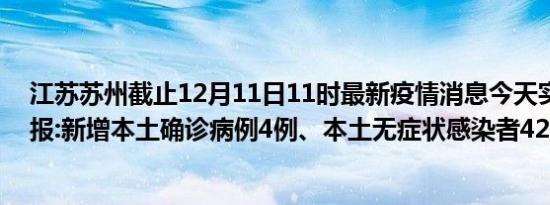 江苏苏州截止12月11日11时最新疫情消息今天实时数据通报:新增本土确诊病例4例、本土无症状感染者42例