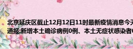 北京延庆区截止12月12日11时最新疫情消息今天实时数据通报:新增本土确诊病例0例、本土无症状感染者0例