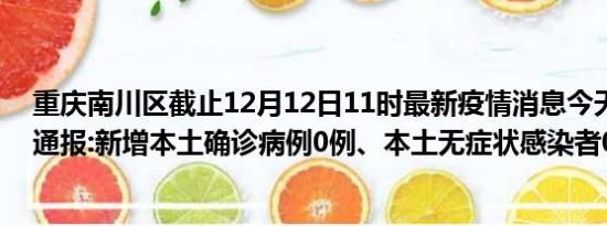 重庆南川区截止12月12日11时最新疫情消息今天实时数据通报:新增本土确诊病例0例、本土无症状感染者0例