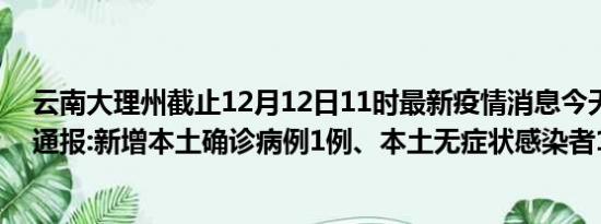 云南大理州截止12月12日11时最新疫情消息今天实时数据通报:新增本土确诊病例1例、本土无症状感染者1例