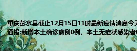 重庆彭水县截止12月15日11时最新疫情消息今天实时数据通报:新增本土确诊病例0例、本土无症状感染者0例