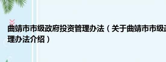 曲靖市市级政府投资管理办法（关于曲靖市市级政府投资管理办法介绍）