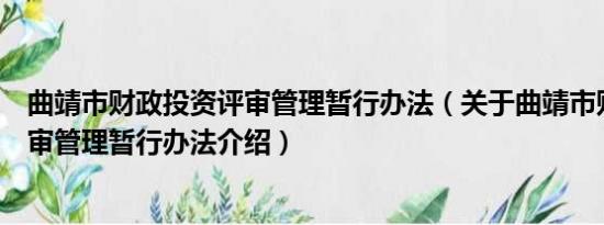 曲靖市财政投资评审管理暂行办法（关于曲靖市财政投资评审管理暂行办法介绍）